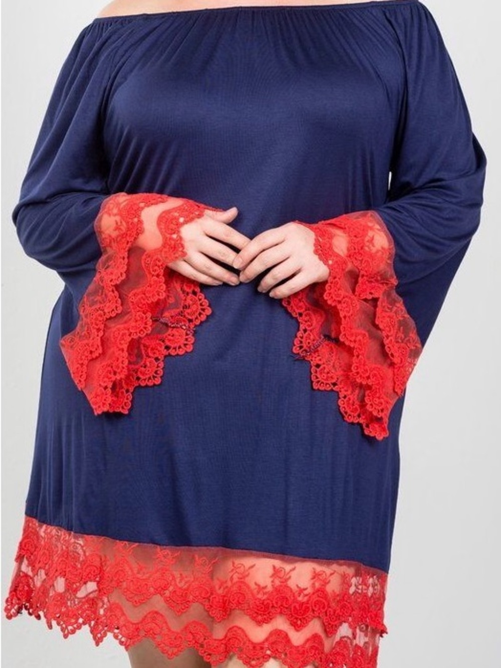 Off-Shoulder Navy Dress w/Coral Lace Trim